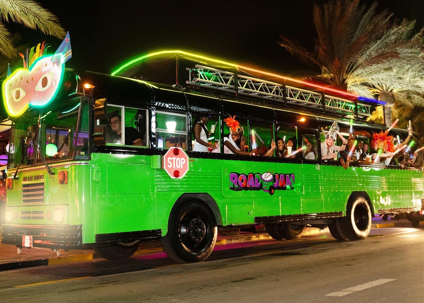 Dancing on the Road Jam party bus in Aruba.
